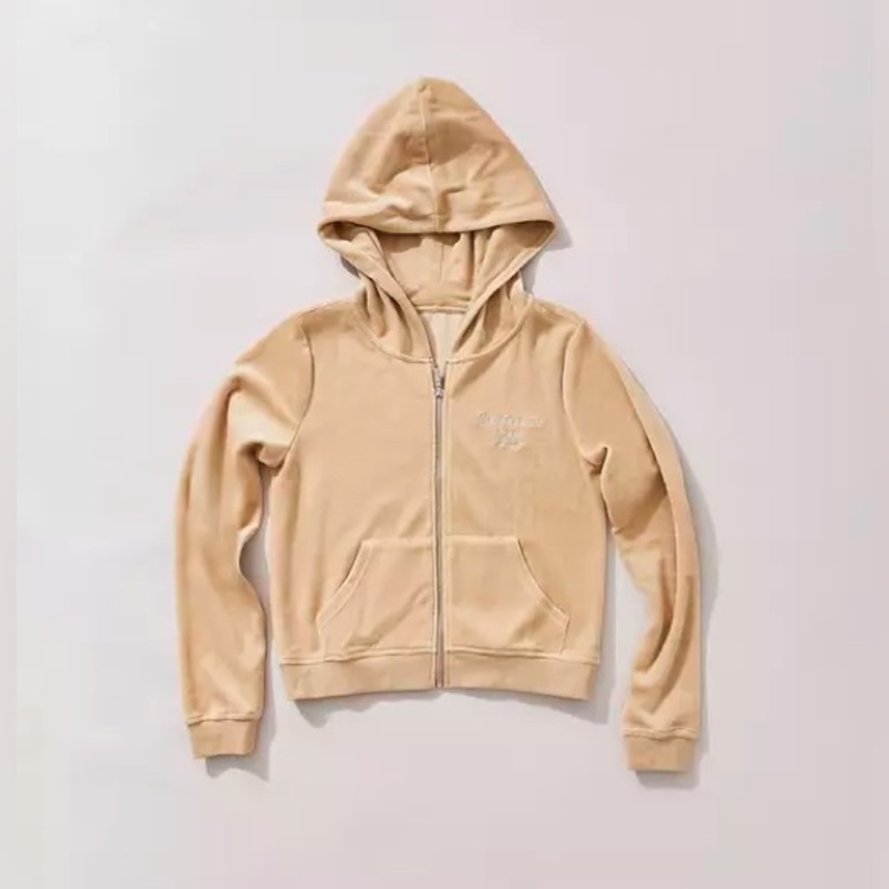 Juicy Couture x Forever 21 Tan Beige Velour Zip Up Rhinestone Hoodie, Large Y2K